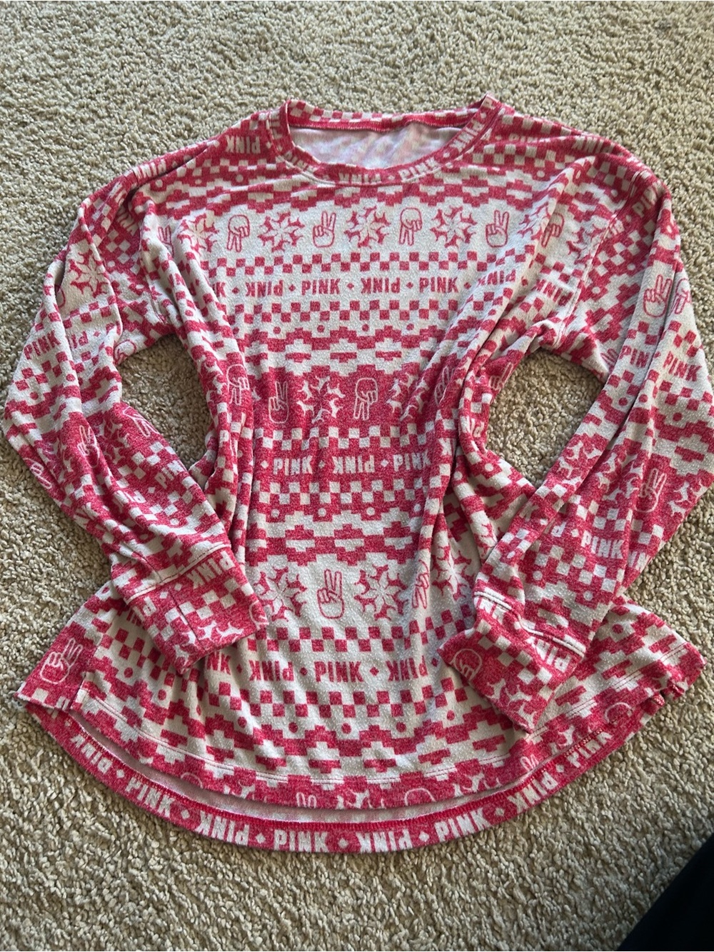 PINK Victoria's Secret Pink and White Long Sleeve Graphic Thermal Top
